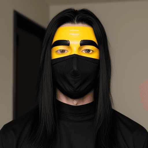 AI generated: Man, 25 years old, long black hairs, yellow eyes emotionless, a mask covering his right eye