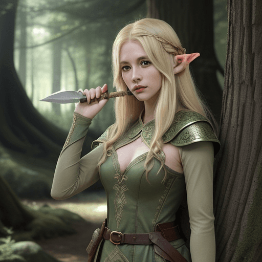AI generated: Blonde elven ranger hiding behind trees holding two daggers