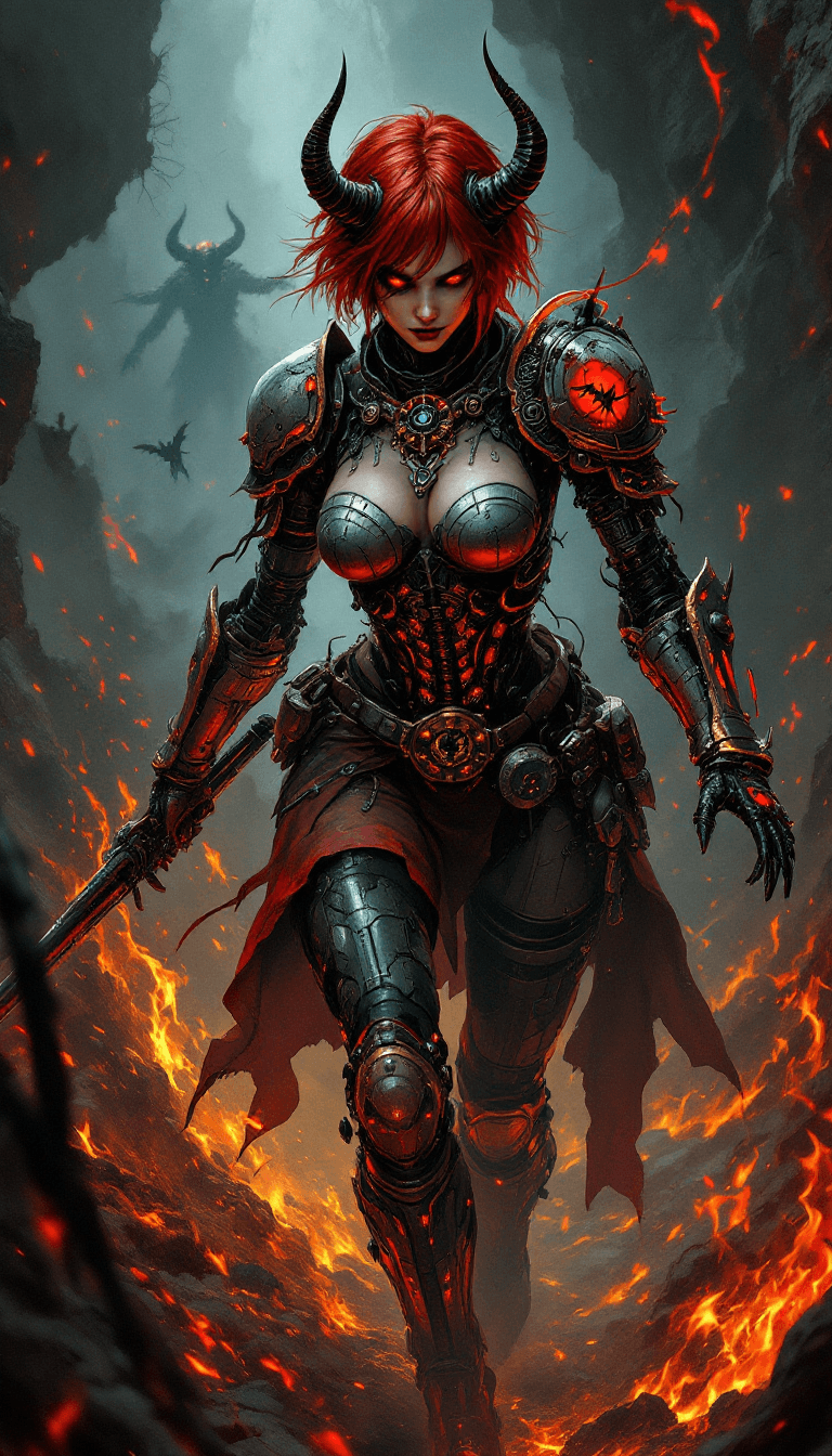 AI generated: The Demonic Automaton Hunter: A resilient and powerful warrior with short, vibrant red hair, styled ...