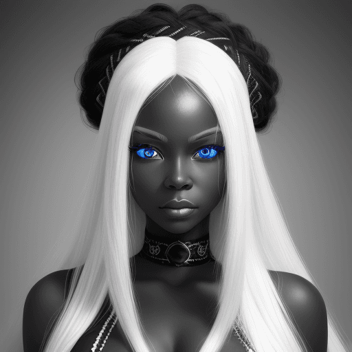 AI generated: create a black-and-white image of a black woman with blue eyes and long white hair