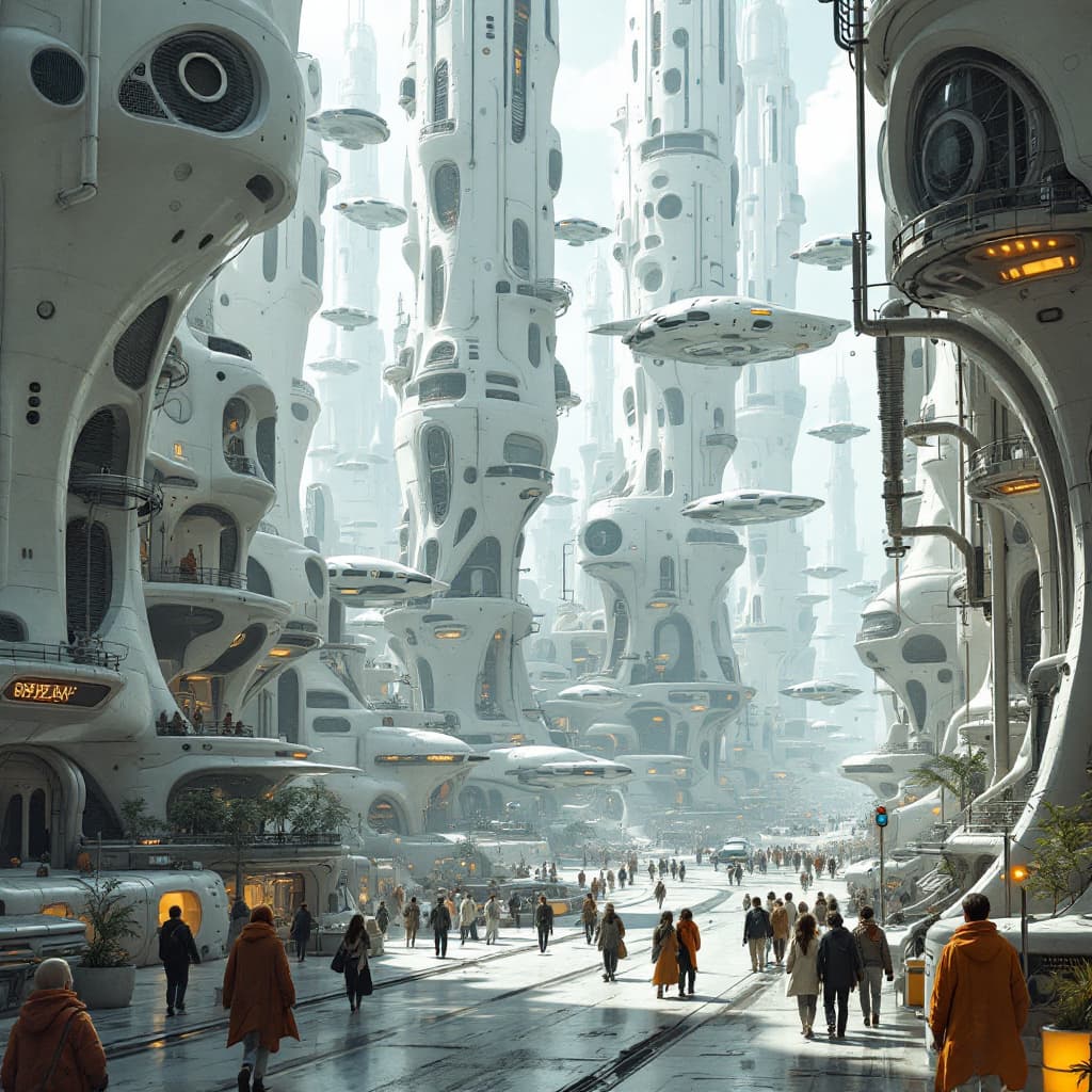 AI generated:  A sprawling metropolis of towering, curved organic architecture in a predominantly white colour sch...