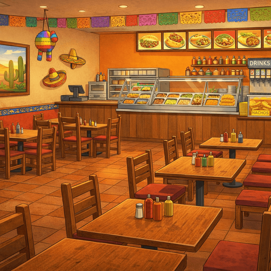 AI generated: create a restaurant interior mexican food. chairs stands and vendor food selection area inside.