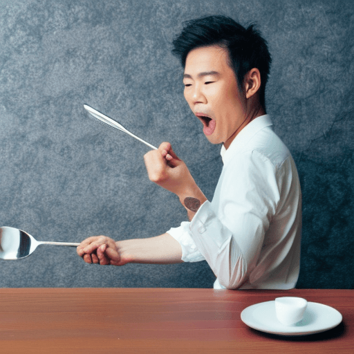 AI generated: Japanese handsome man sits at the table and he is bringing up a spoon to his mouth
