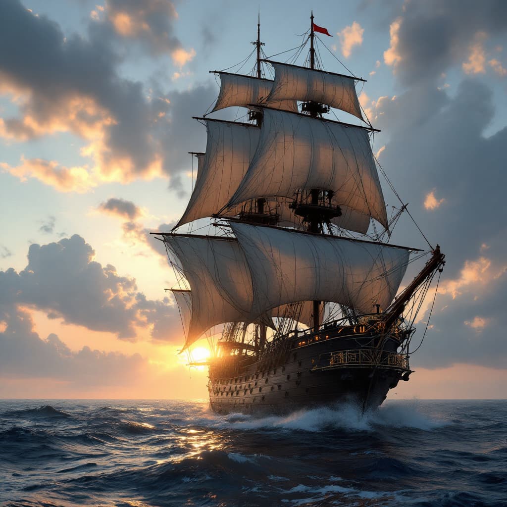 AI generated: Photo of a ultra realistic sailing ship, dramatic light, pale sunrise, cinematic lighting, battered,...