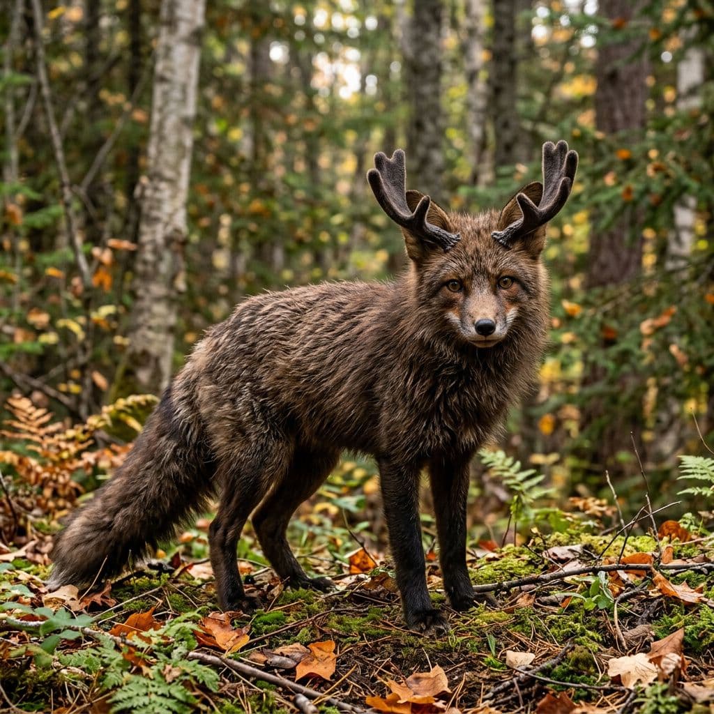 AI generated: Create a new animal that is a mix of a moose and a fox keeping the size and body of the fox but keep...