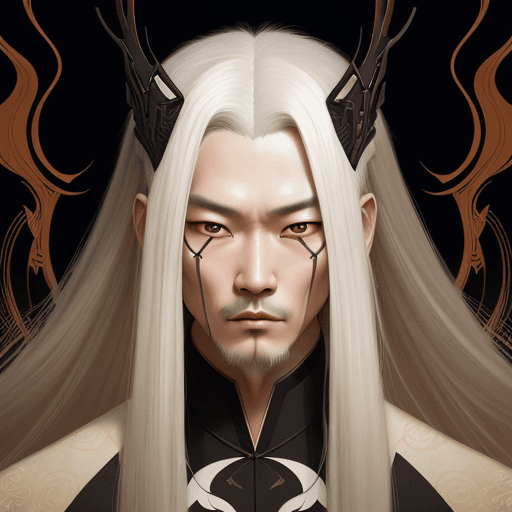AI generated: an illustration of a Chinese man with long white hair, in the style of ingrid baars, j. scott campbe...