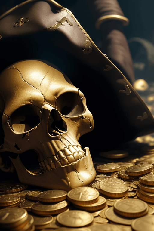 AI generated: mj, close up of a pirate's skull lying on floor full of gold coins, pirate hat, dramatic light, epic...