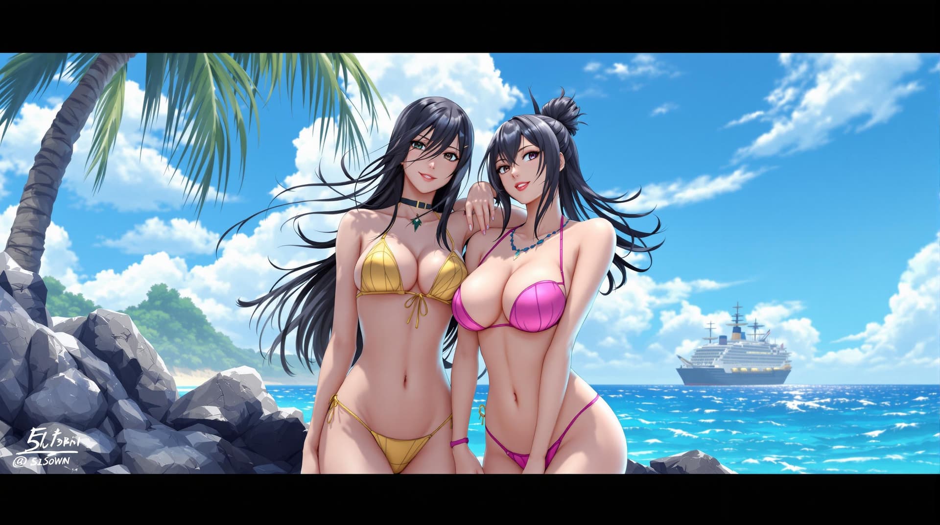 AI generated: Nico Robin and Nami, in beach swimwear, with the ocean in the background showing the ship