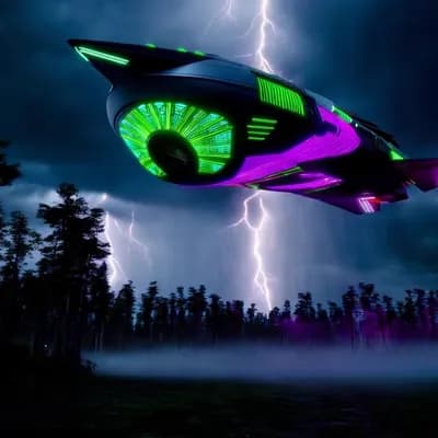 AI generated video:  A cinematic scene of a massive alien spaceship slowly descending from a stormy, lightning-filled sk...