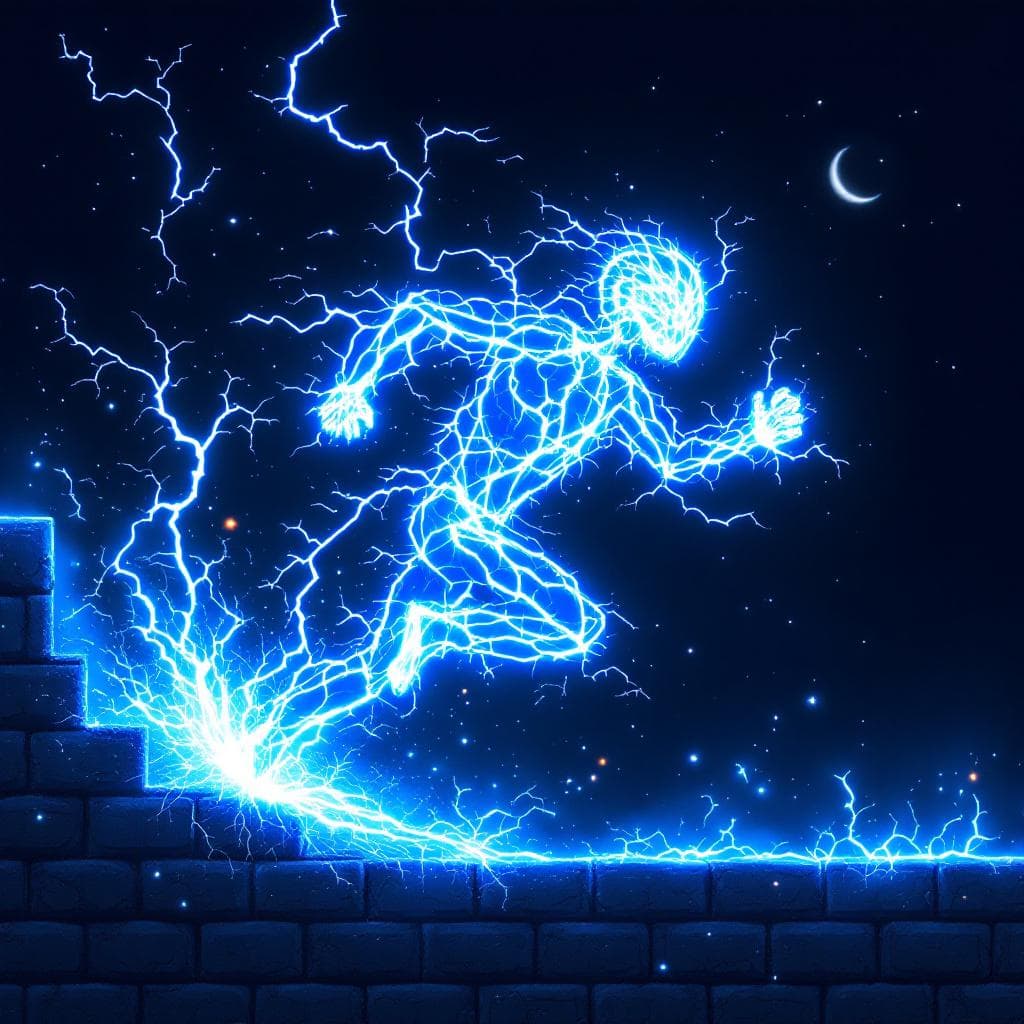 AI generated: “realistic electric stick-man made of blue-white sparks, arcing electricity forming the limbs and jo...