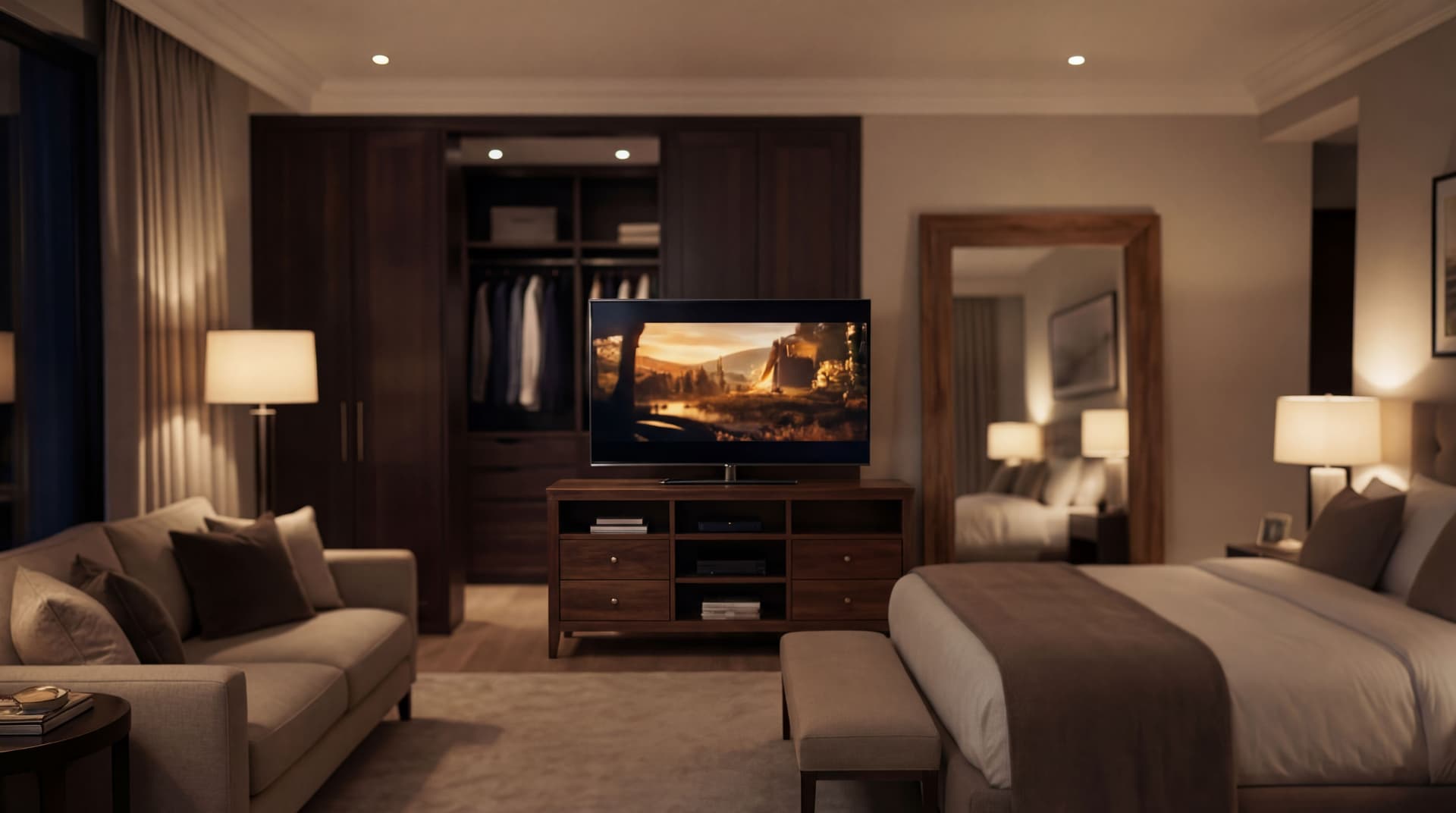 AI generated: Same bedroom. Remove the model. 
The couch is at the feet of the bed. The couch is turned around fac...