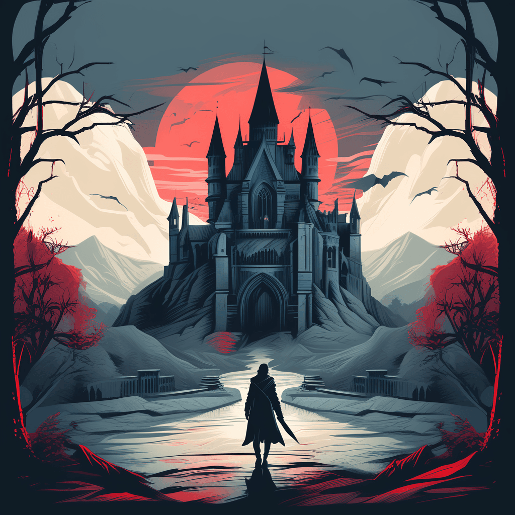 AI generated: a vampire walking towards a castle, blood moon, spooky, clear open view, blood shadows, ice cold, ma...