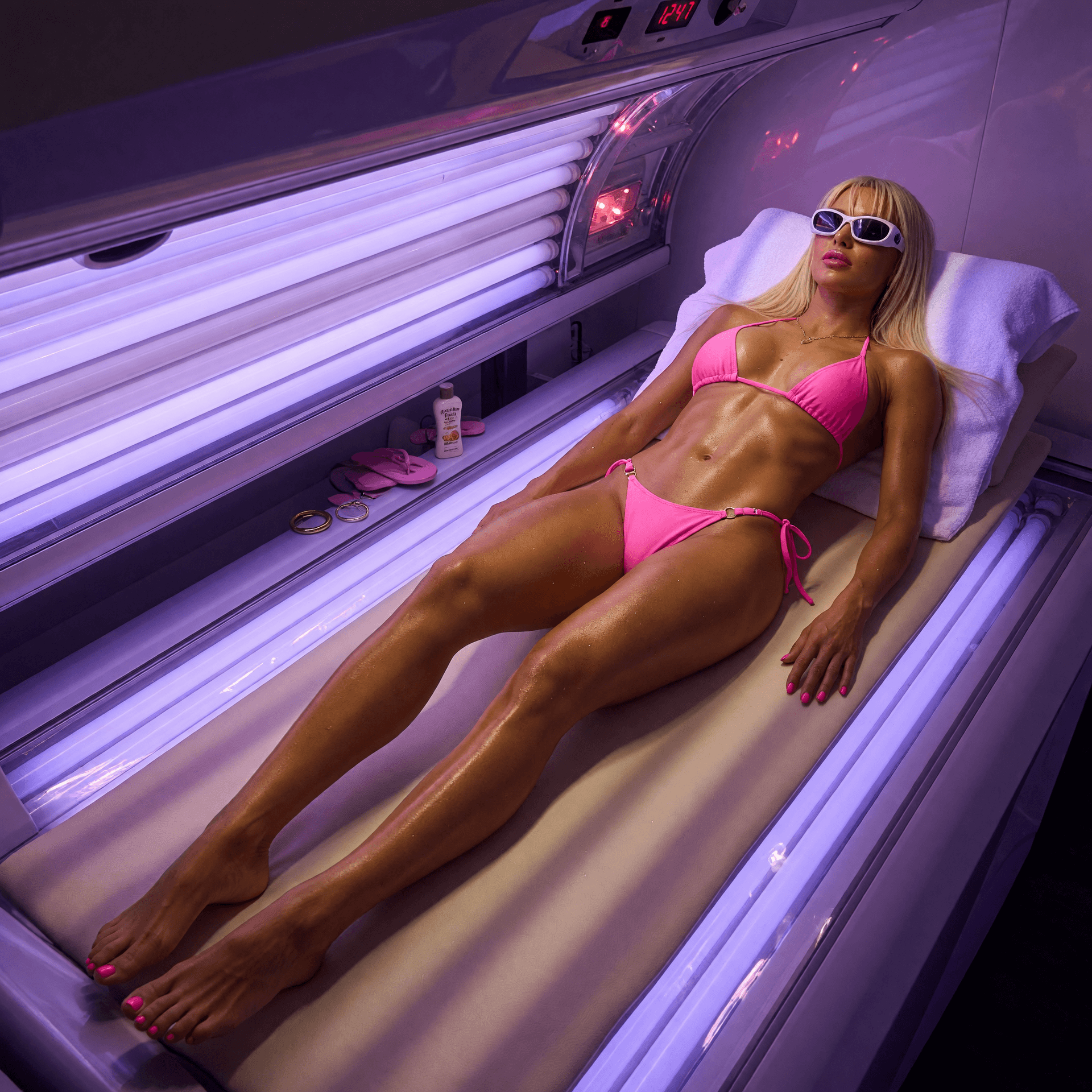 AI generated: 6'6 blonde supermodel with toned abs, enlarged implant breasts, pink bikini laying flat in a tanning...