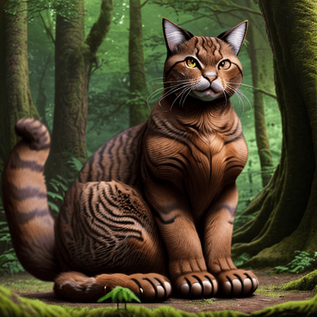 AI generated: frontal view of a nice, wise, giant brown cat sitting in a prehistoric forest, frontal view, 8k