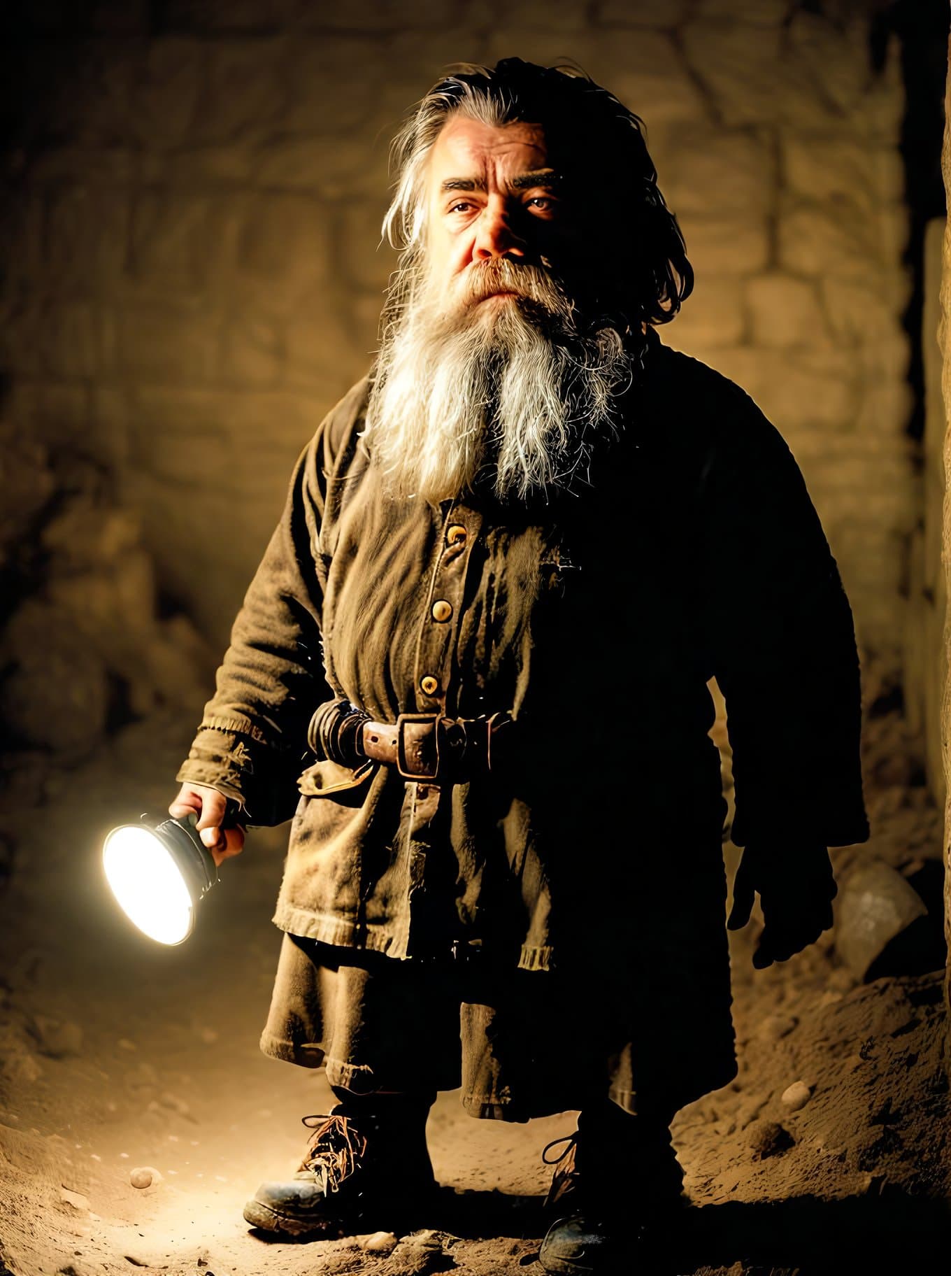 AI generated: candid RAW portrait photo of an dwarf in a mine, Fujifilm Fujichrome Provia 100F film , flashlight <...