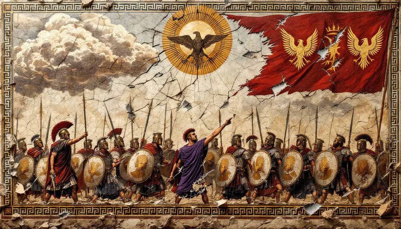 AI generated: Worn, broken Ancient Roman wall mosaic, 16x9 format. Fragmented battle-hardened legionnaires in batt...