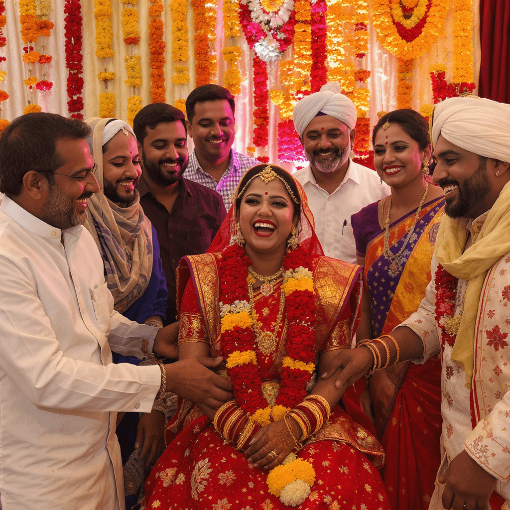 AI generated: A laughing girl in the marriage function with her friends around the many religions people 
