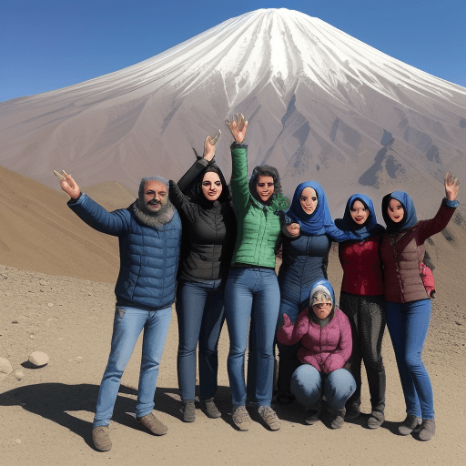 AI generated: realistic photo, a group of iranian people that thay are happy and see the damavand mountain