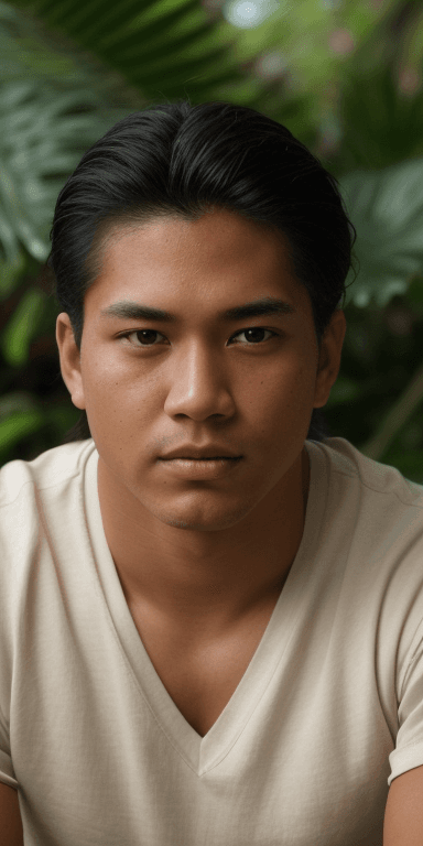 AI generated: hawaiian native, man, young, Face Closeup, mature, looking at viewer, wearing v neck t shirt, and da...