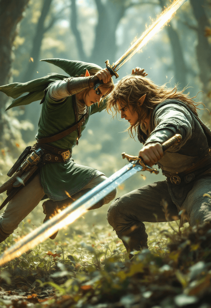 AI generated: hyper realistic Link (from Zelda) fighting with swords agains Frodo Baggins (Elijah Wood, lord of th...
