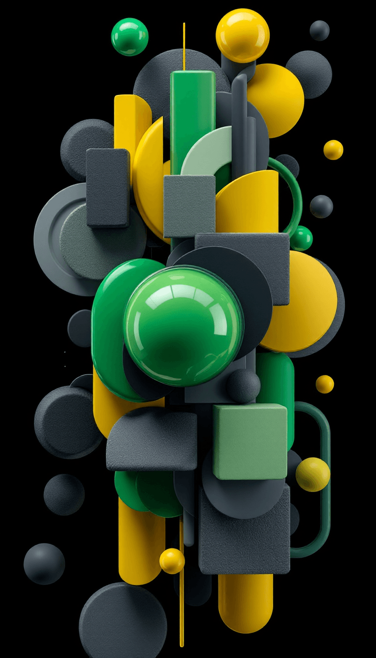 AI generated: 3D geometric shape composition, vivid green and yellow, dark grey colored, various sleek texture, tr...