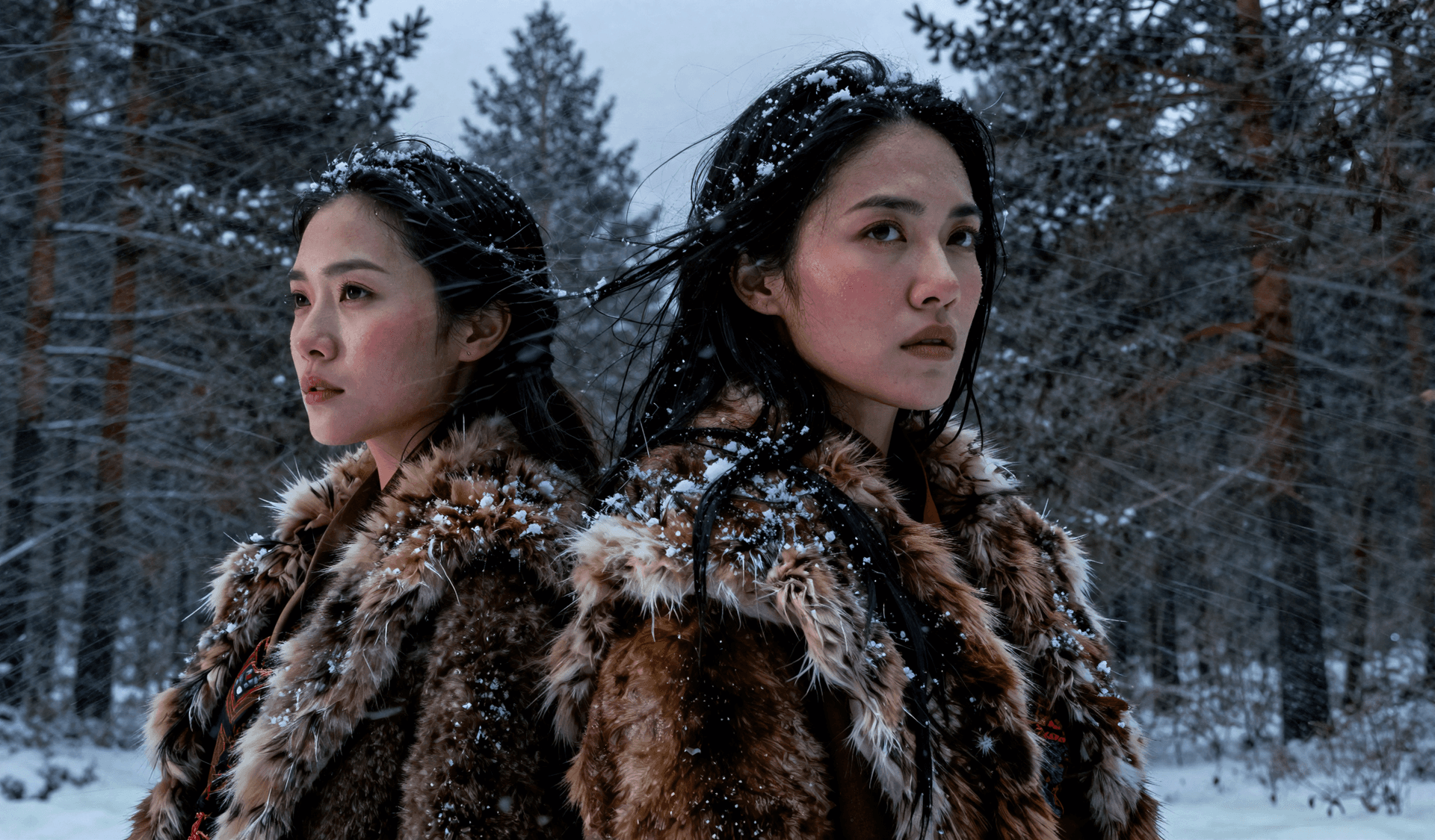 AI generated: Two alert female shamans positioned back-to-back in a dense pine forest as a blizzard approaches, wi...