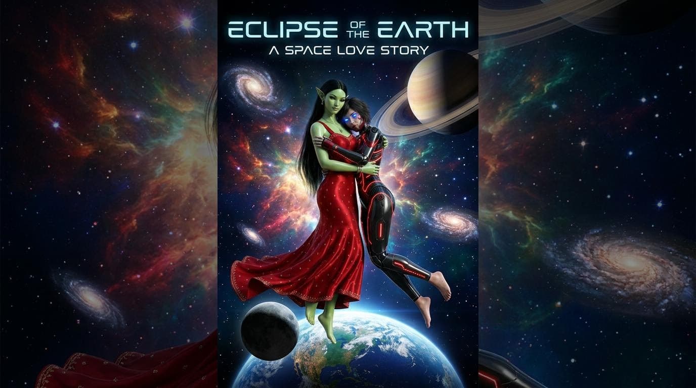 AI generated:  Make a movie poster in 16.9 with these two characters hugging in space with galaxies and planets. T...