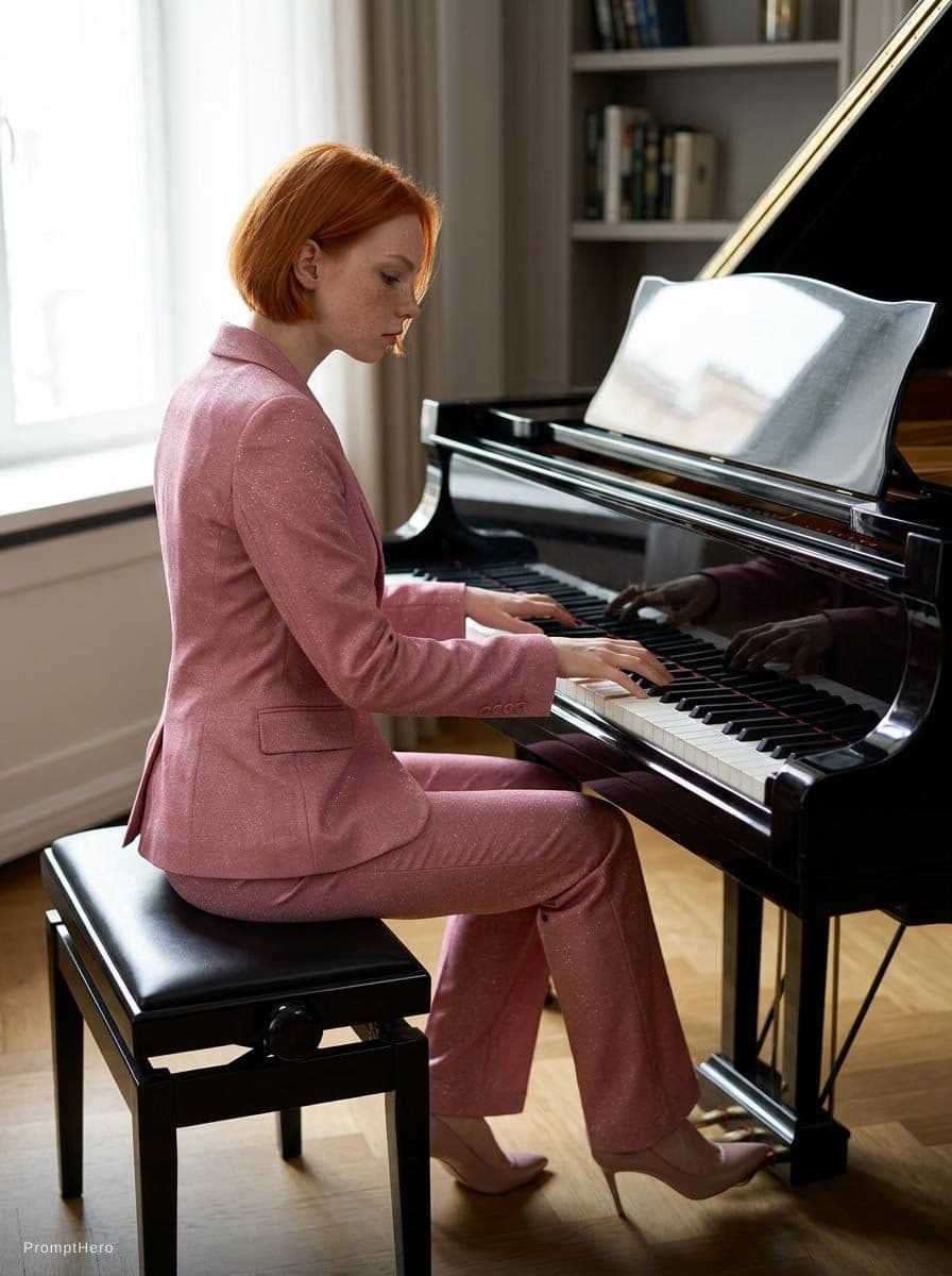 AI generated: She sits on a sleek, black piano bench, her body turned slightly to the side, showcasing the dramati...