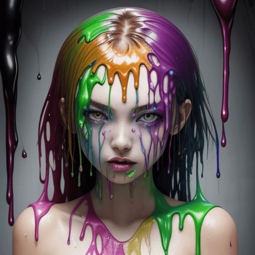 AI generated: oozing gooey leaking dripping wet moist damp coalescing viscous female fashion photography, rainbow ...