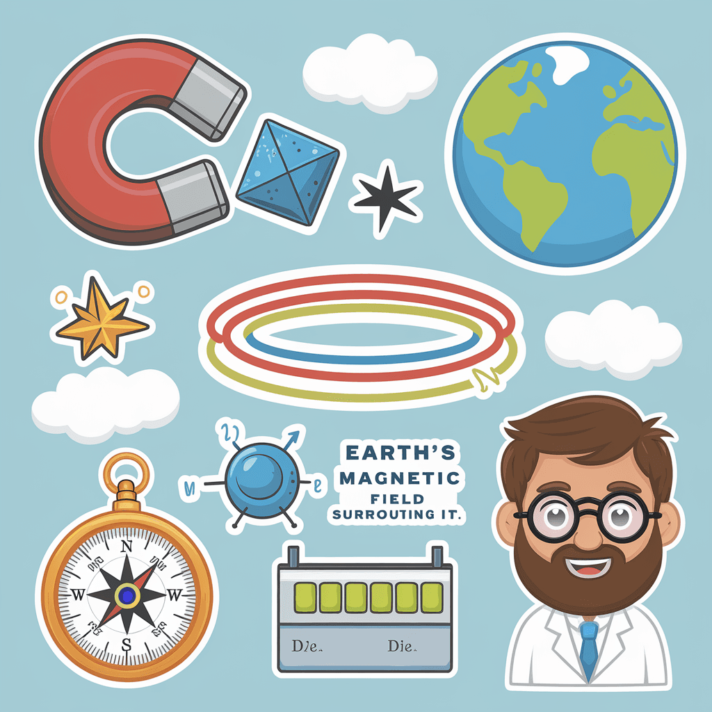 AI generated: sheet of cute cartoonish science fair stickers for an earth's magnetic field project