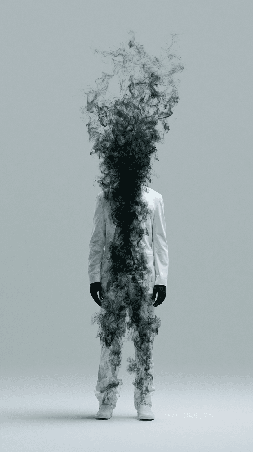 AI generated: surrealistic, photograph, mysterious figure, full-body, black color smoke swirling, wearing a minima...