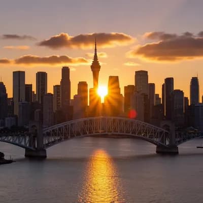 AI generated video: timelapse sunset view of auckland city 