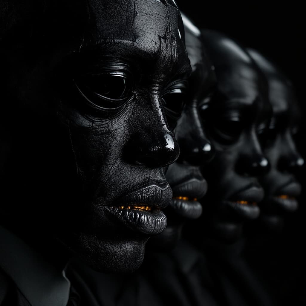 AI generated: a group of black men with a large jaw and gold teeth, dressed in suits  in the style of futuristic m...