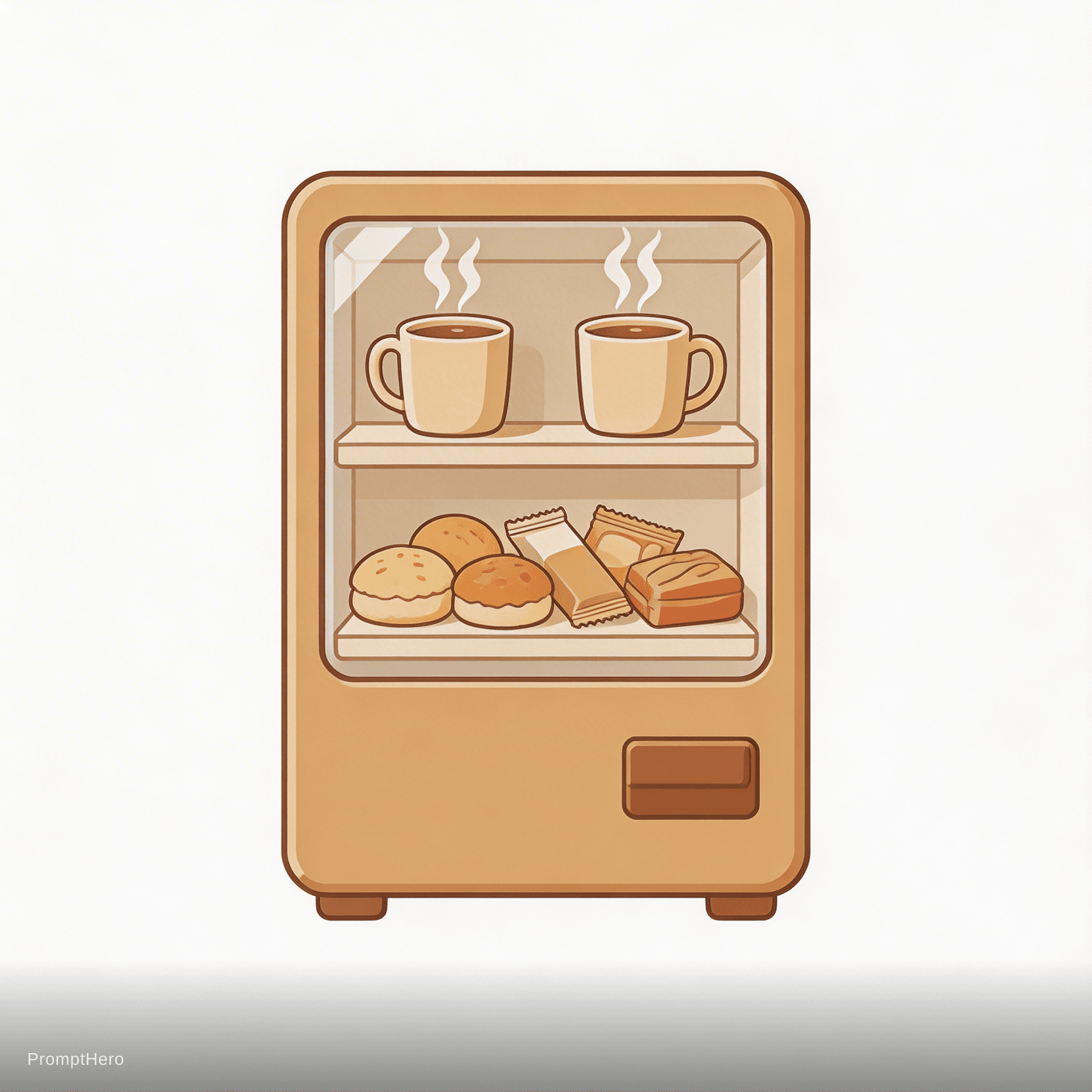 AI generated: Artisan vending machine, steaming drinks and snacks, earth tones, cozy and warm feeling
