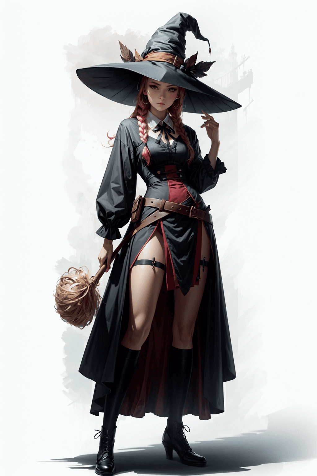 AI generated: rugged girl witch wearing a magic school uniform, large wide-brimmed witch hat, cinematic, elaborate...