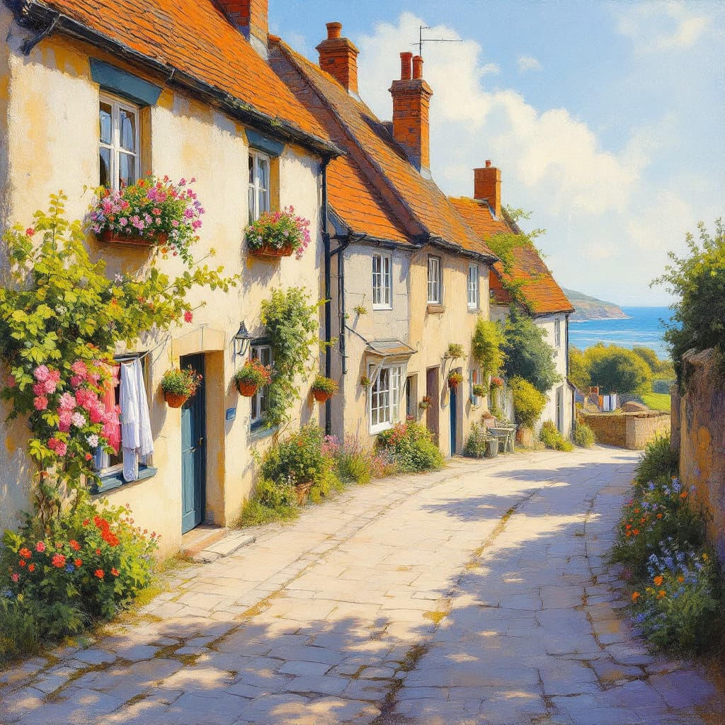 AI generated: A sun-dappled street in a quiet rural coastal village in Britain, where light dances through driftin...
