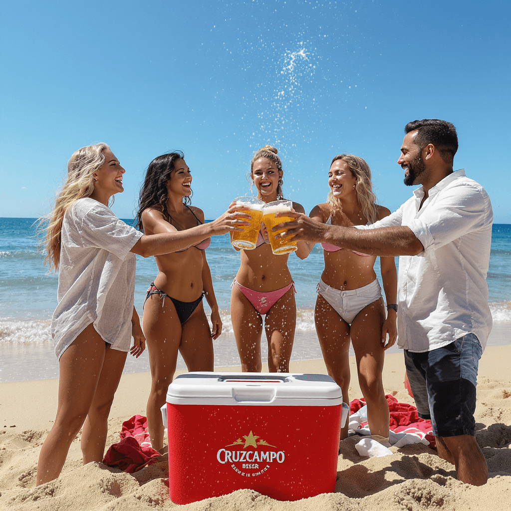AI generated: ultra-realistic beach photography, present day, six young adults (3 men, 3 women) full-body at the s...