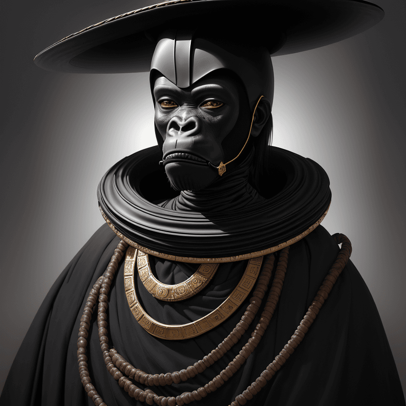 AI generated: 5 year old boy with a black ape wooden helmet mask and black suit, black hat with a donut in his han...