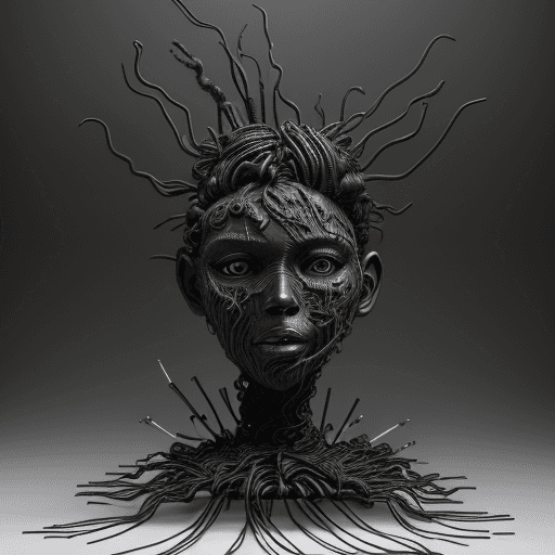 AI generated: Modern black sculpture, very chaotic and apocalyptic intricate expression, made of burned black wire...