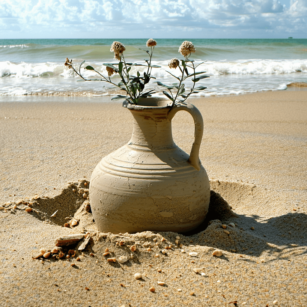 AI generated: Photo of a vase buried in the sand on a beach