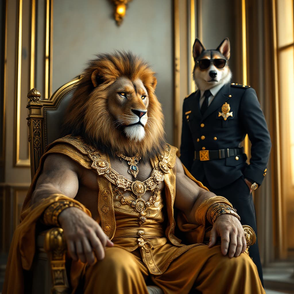 AI generated: "A majestic anthropomorphic lion character sits confidently on a throne, designed with highly detail...