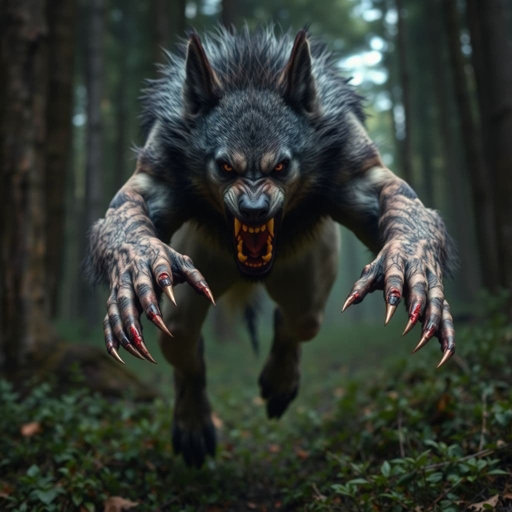 AI generated: Wolfverine, photograph, in the forest, leaping forward with bloodstained adamantium claws, face cont...