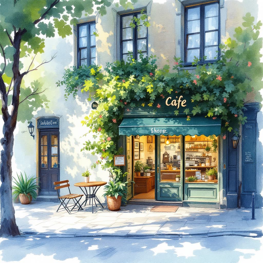 AI generated: hight quality, watercolor, drawing,  beautiful green cafe shop at the corner street at the center wi...