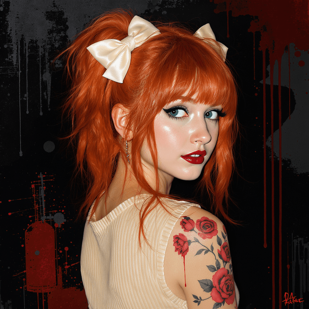 AI generated: Oil and alcohol ink 22yo woman, with copper hair in an emo hairstyle with cream bows, teal eyes, a c...