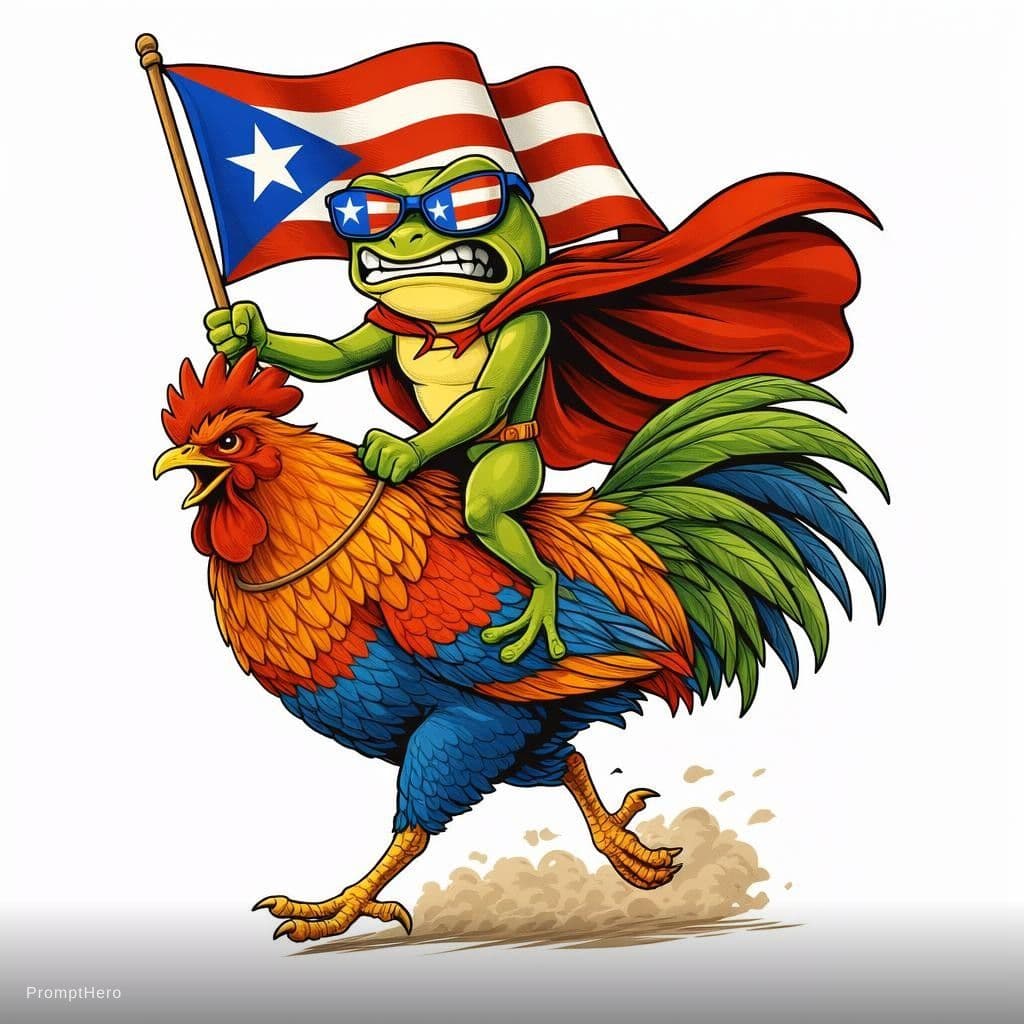 AI generated: angry superhero frog riding a proud rooster like a heroic horse, the frog wearing a flowing superher...