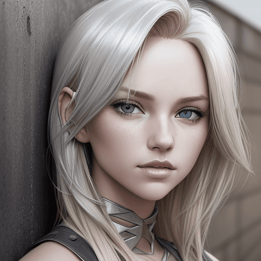 AI generated: a young attractive woman with blonde hair leaning on a rusty wall, in the style of exaggerated facia...