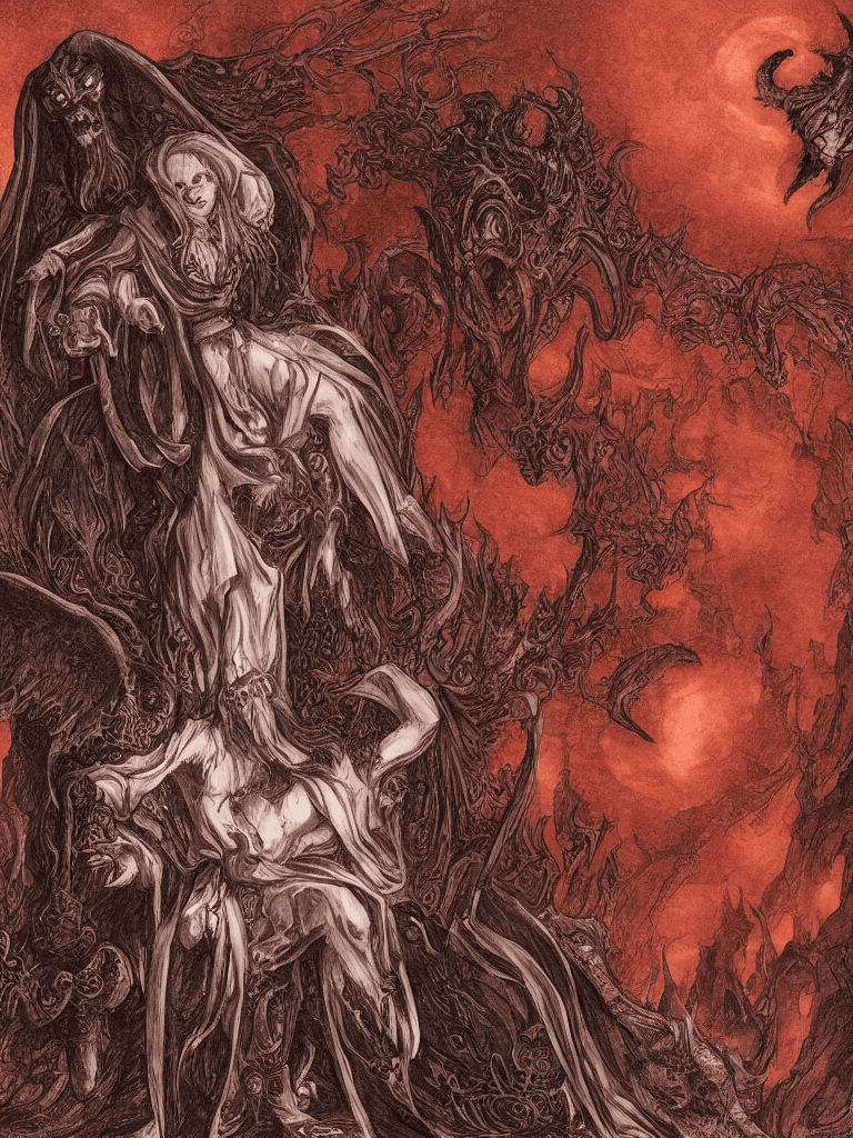 AI generated: renaissance style, A mysterious demonic/angelic apostle figure from berserk eclipse, with horns and ...