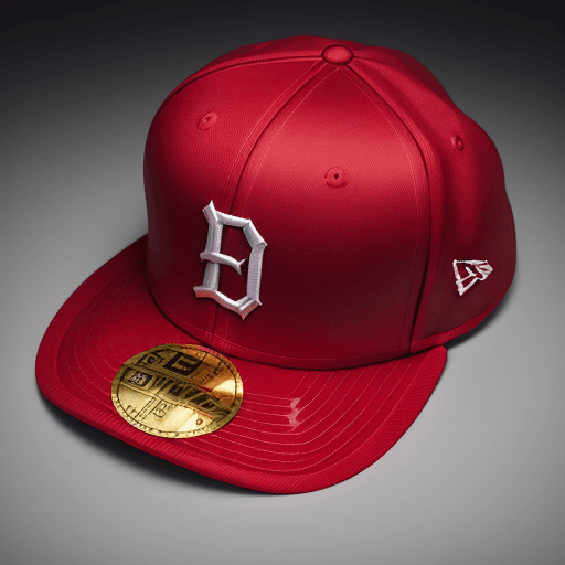 AI generated: High resolution apparel photography, red New Era baseball style cap, perfect lighting, puffy letteri...