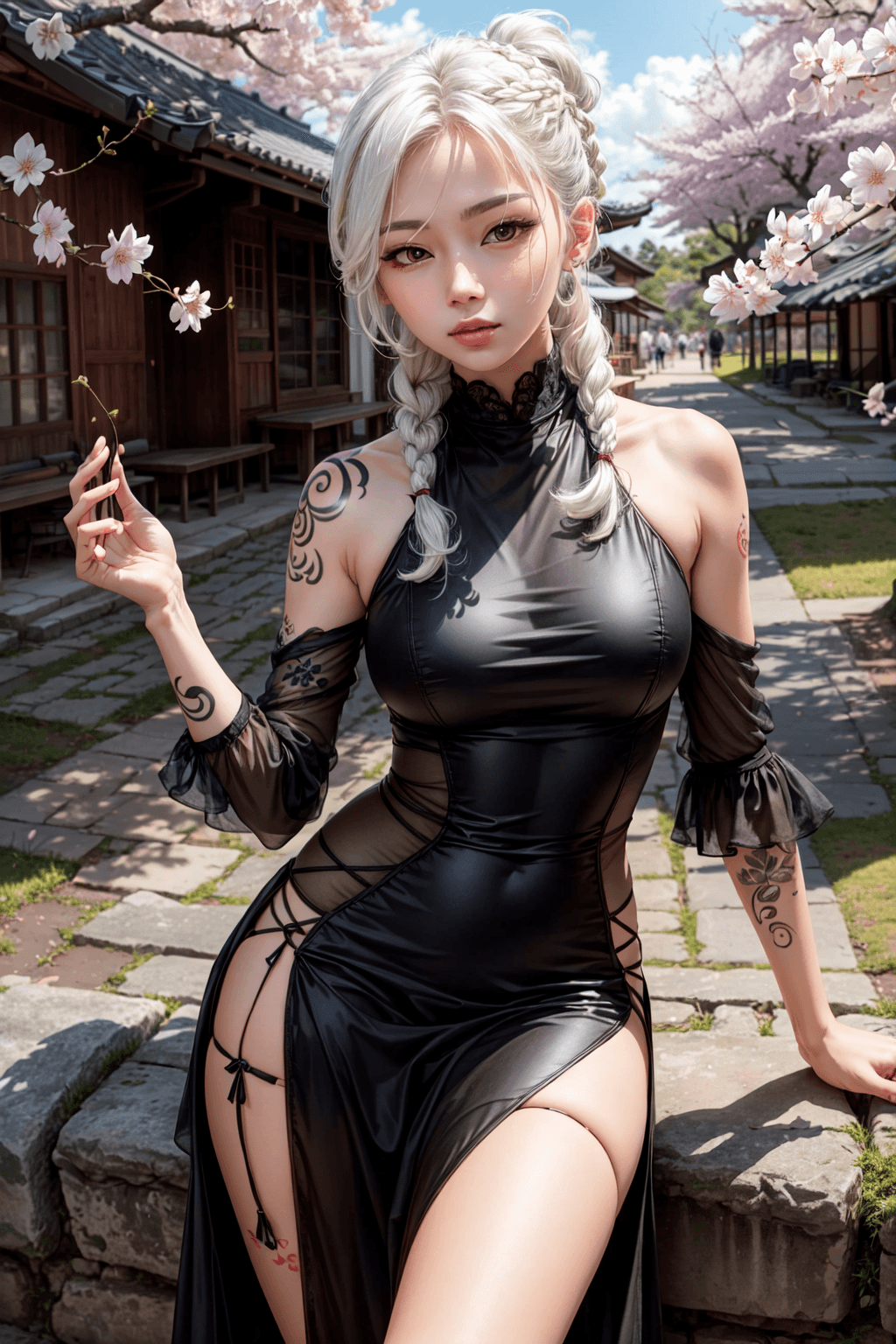 AI generated: Beautiful Korean kpop idol, (white hair:1.5), (braided ponytail:1.5), (small breasts:1.5), (red lips...