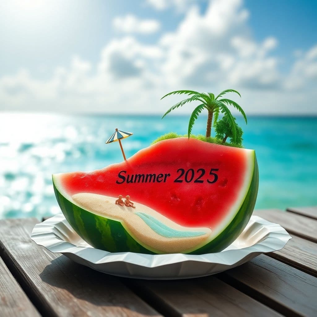 AI generated: Generate an image of a halved watermelon takes center stage, ingeniously carved on the inside to res...